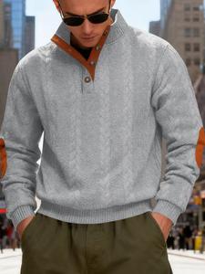 Sudadera Casual de Hombre Estilo Americano Primavera Otoño Pesado Jacquard con Botones Cuello Simulado Retazos Henry Manga Larga