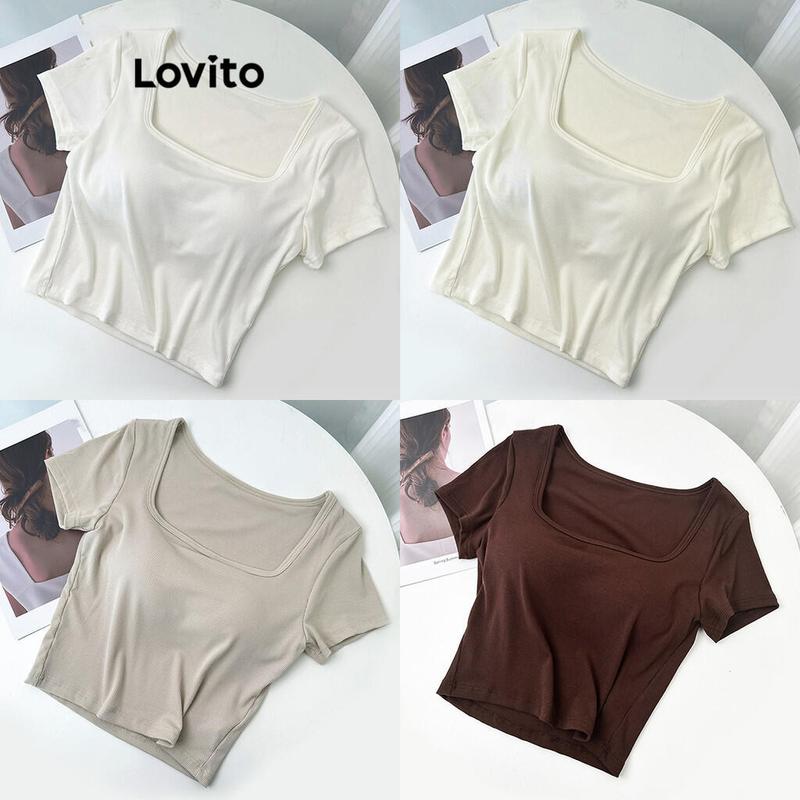 Lovito Casual Plain Basic T Shirt for Women LNE24089 Multi color Top Womenswear Lingerie Comfort Summer Tshirt Streetwear Minimalist Short Short Sleeve 1
