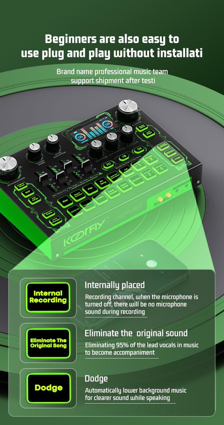 Product Introduction of koorfly-KF01 sound card ZX320 mic set Audio Bluetooth External Peralatan Bernyanyi atau siaran langsung dengan headphones dan microphone 47