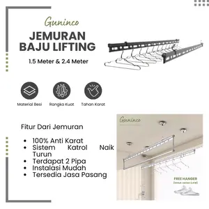 Guninco Jemuran Pakaian - Jemuran Tempel Dinding - Jemuran Tali Tarik - Jemuran Baju Gantung - Jemuran Baju Lifting - Jemuran Baju Aesthetic Pipa
