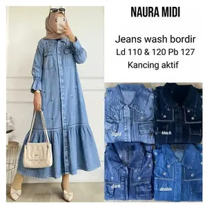 Zifana~Naura Midi Dress Jeans Bordir Wanita Terbaru Full kancing Aktif