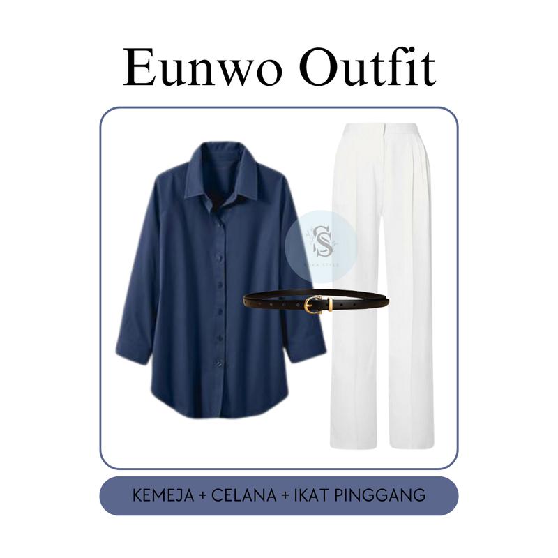One Set 3in1 Kemeja Navy, Kulot BW, Ikat Pinggang - Setelan OOTD Casual dan Formal SS52 2