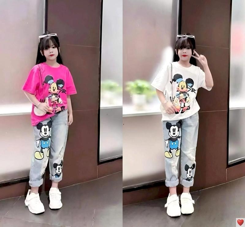 MinMinKid2 24-52kg dưới 1m55 Set áo thun cotton phối quần jean dài BAGGY CHUỘT hoạt hình đáng yêu cho bé gái