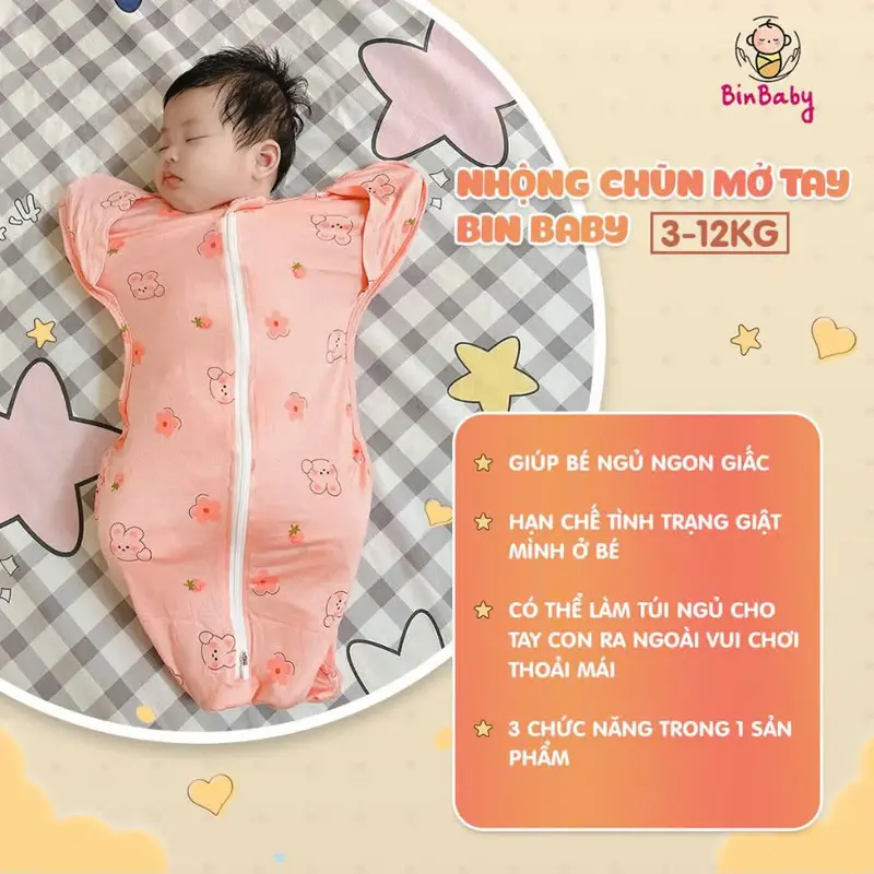 Nhộng chũn mở tay Binbaby cho bé – Vải thoáng khí co giãn 4 chiều – Giúp bé ngủ ngon, giảm giật mình 0