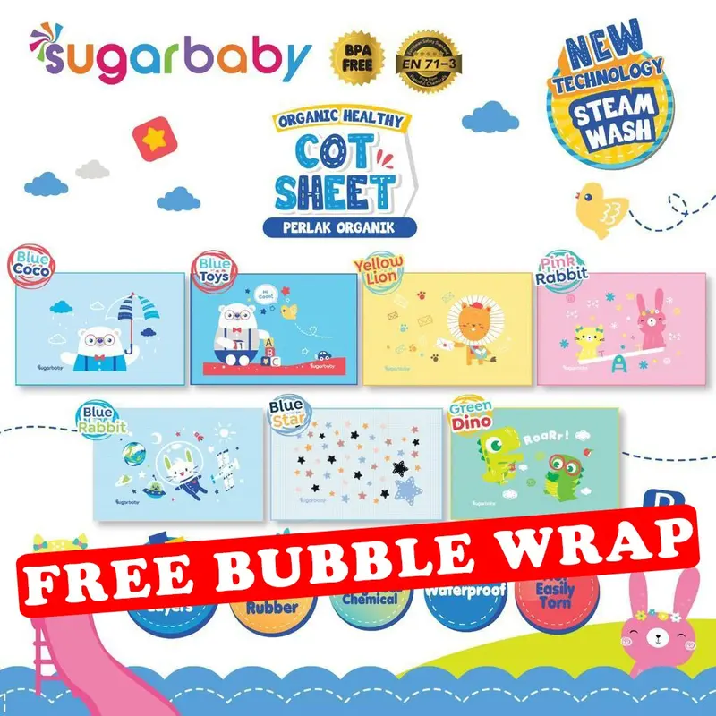 PERLAK SUGAR BABY perlak ompol Bayi Alas Blue Green Kasur Pink Yellow FREE BUBBLE Tidur Waterproof 0