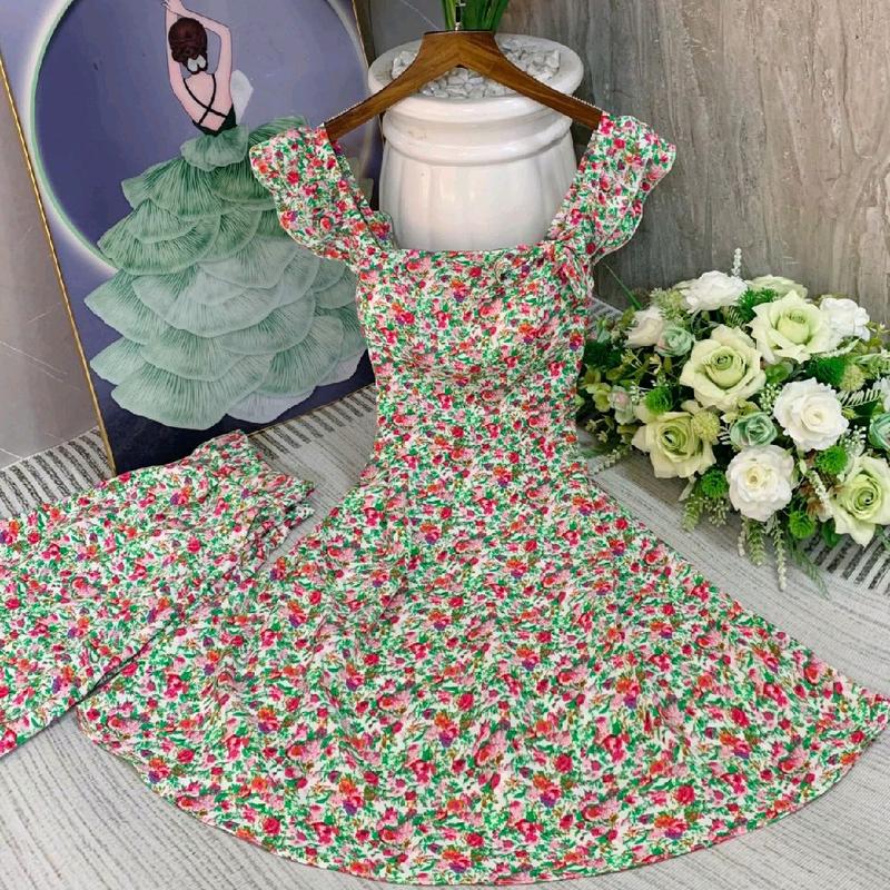 Set đầm ngắn cánh tiên cột nơ, có mút. Dáng trên gối (kèm quần) 1