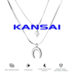 KANSAI-Kalung titanium wanita, kalung bintang dan bulan, modis dan trendi, tahan air dan tidak pudar, cocok untuk dikenakan sehari-hari.