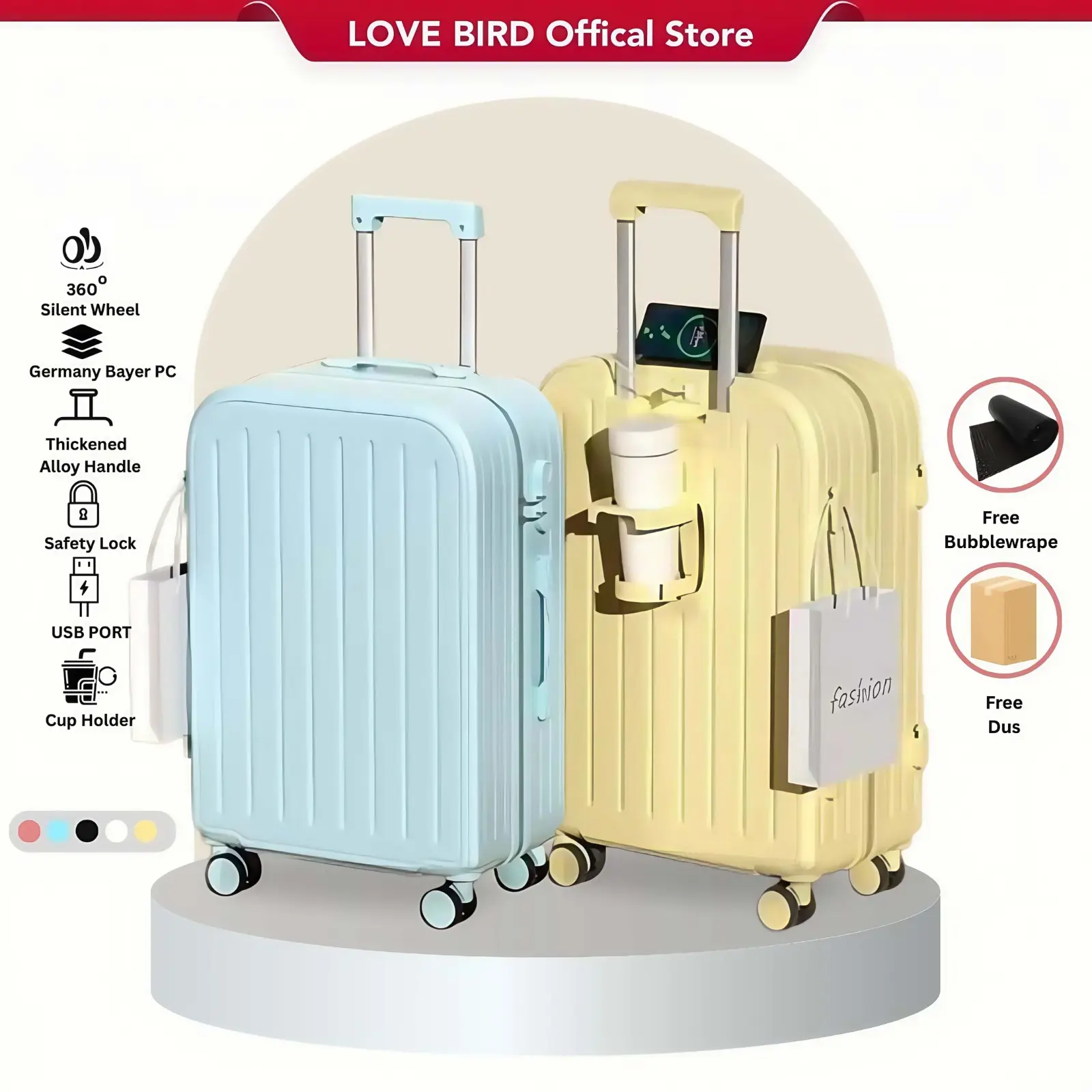 Love bird kapasitas besar Koper 24 inch 20''28 inch travel kabin & bagasi laptop new design bagasi stand cup / charger