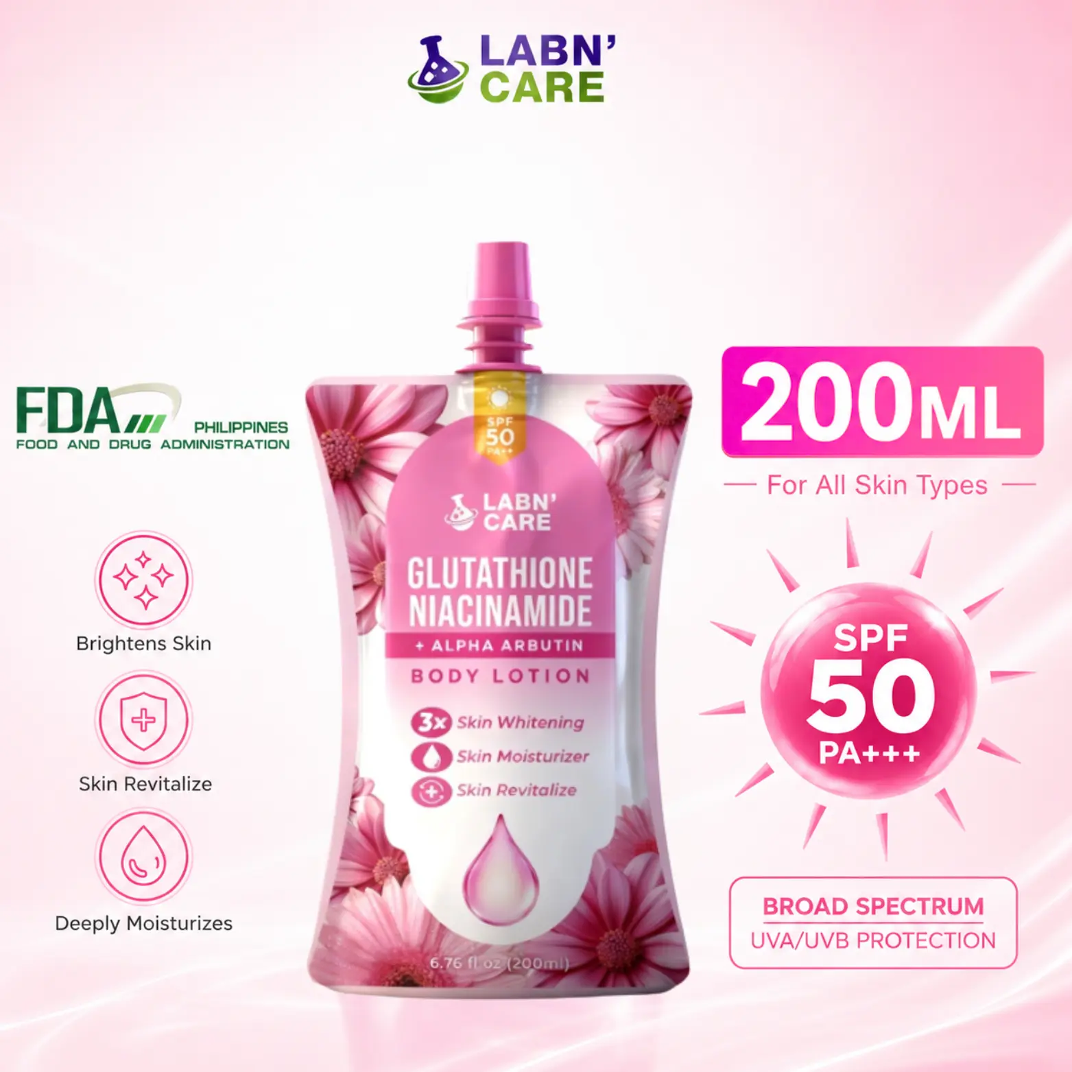 FDA Approved】Labn' Care Glutathione Niacinamide Body Whitening Lotion 500ML With SPF 50 PA++, 3X Skin Whitening, Skin Moisturizer and Skin Revitalize, Bare Vanilla Scent, Mabango at Long Lasting Scent