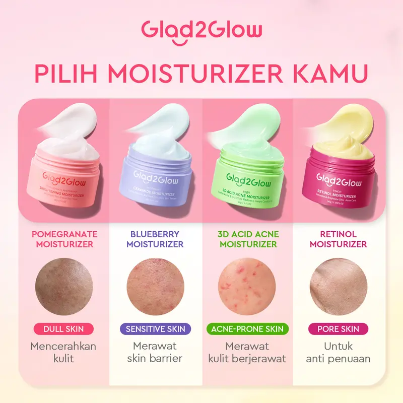 Glad2Glow Moisturizer gather -Suitable for all skin-Peachy Retinol Anti-Aging+Acne Care, Pomegranate Niacinamide Brightening, Blueberry Ceramide Sensitive Skin Barrier Repair, Kiwi 3D Acid Blemish Control 1