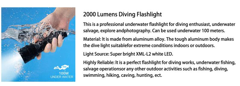 Product Introduction of Professional Waterproof Super Bright Dive Lantern IPX8 Diving Flashlight Torch with 2000 Lumens and 80 Degrees Beam Angle 30