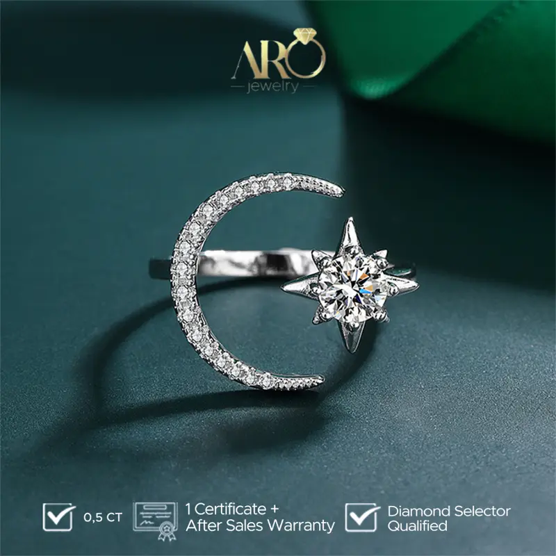 Crescent Star Silver Ring 0.56 CT - Aro Jewelry - Aksesoris Cincin Aesthetic Mewah Wanita Sertifikat GRA 0