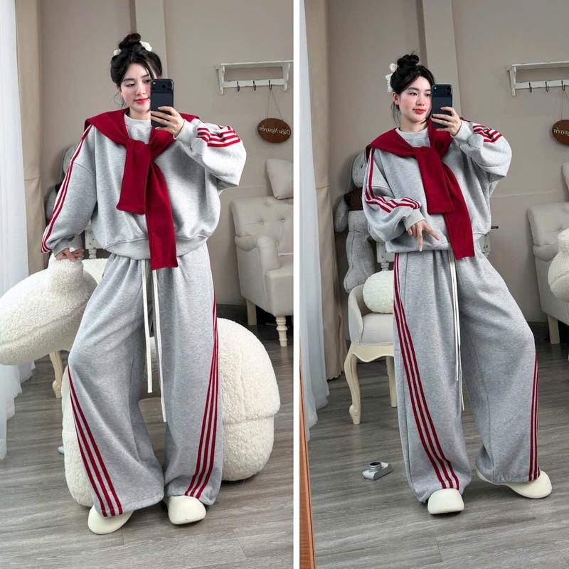 Sét bộ nỉ áo cổ tròn phối quần suông sọc rót 3 chi tiết xám sọc đỏ unisex form oversize phong cách trẻ trung