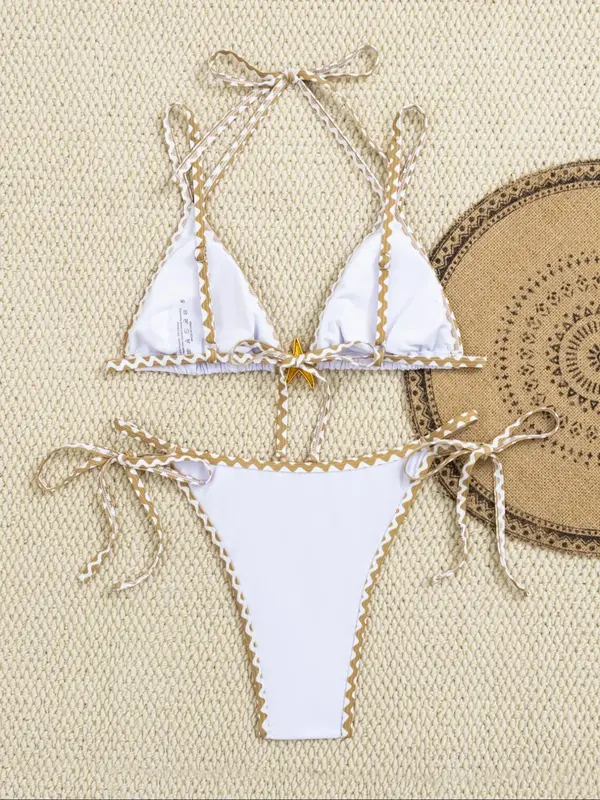 Women's Colorblock & Floral Patchwork Print Bikini Set, Swimming Costume Women, Casual Tie Back Padded Triangle Bra & Tie Side Swim Thong, Two-piece Swimsuit for Women Summer Beach Holiday Vacation Swimming, Bikinis Sets, Bathing Suits, Bikini Outfits 7
