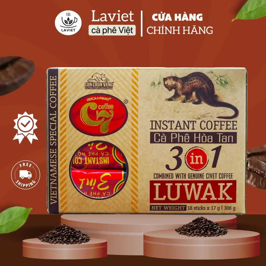 Cà Phê Chồn Hòa Tan 3in1 Luwak Hộp Nâu Bóng Kính - 18Gói x 17Gr Coffee Cafe