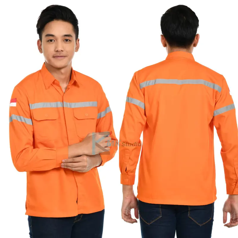 Seragam Kerja, Baju Industri, Baju Lapangan, Baju Safety Lengan Panjang, Baju Safety Proyek, Seragam Proyek, Kemeja Safety Abu Biru Bordir Merah Putih Wearpack 4