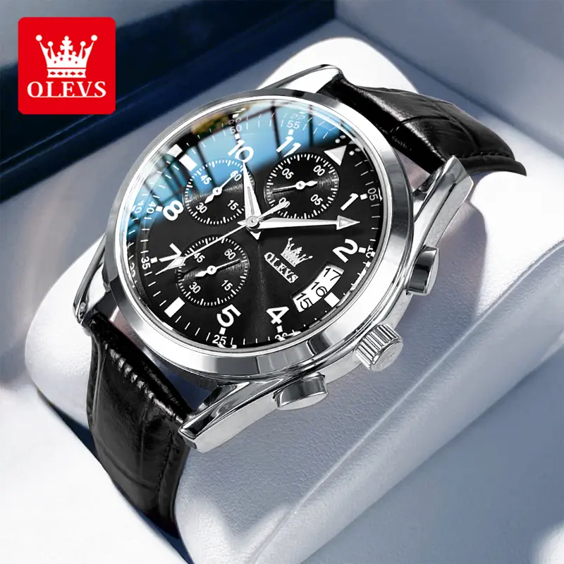 【1-year warranty】OLEVS đồng hồ nam dây da Nguyên bản dạ quang chống nước thương mại Lịch Đa chức năng Đồng hồ Chronograph Chống mài mòn và chống trầy xước Đồng hồ Quartz 2878 Watch Đeo Tay