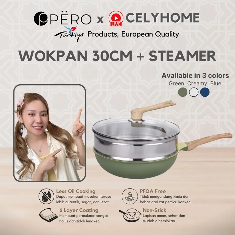 [Exclusive Mak San] Pero Wok Pan 30cm with Glass Lid Wooden Handle Biogranite Non Stick / Wajan Penggorengan Ukuran 30cm dengan Tutup Kaca Handle Kayu Anti Lengket Kitchenware 3