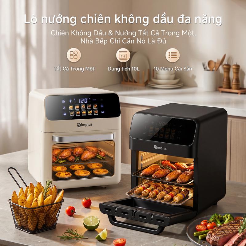 SimplusVN Lò nướng chiên không dầu điều khiển cảm ứng 10L KQKX002, Cửa nồi trong suốt có đèn chiếu, Nồi chiên không dầu có hâm nóng, lòng nồi kim loại, tích hợp nướng & chiên,Công suất 1350W, 2 Khay Nướng, Bảo Hành 1 Năm Chỉ Đổi Không Sửa