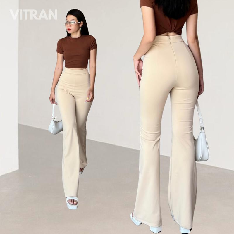 VITRAN BOUTIQUE Quần Ống Loe Lưng Cao Kem Sáng Thun Umi Dày Dặn Nữ Dài 108cm Chất Liệu Mềm Mại Basic Minimal OL