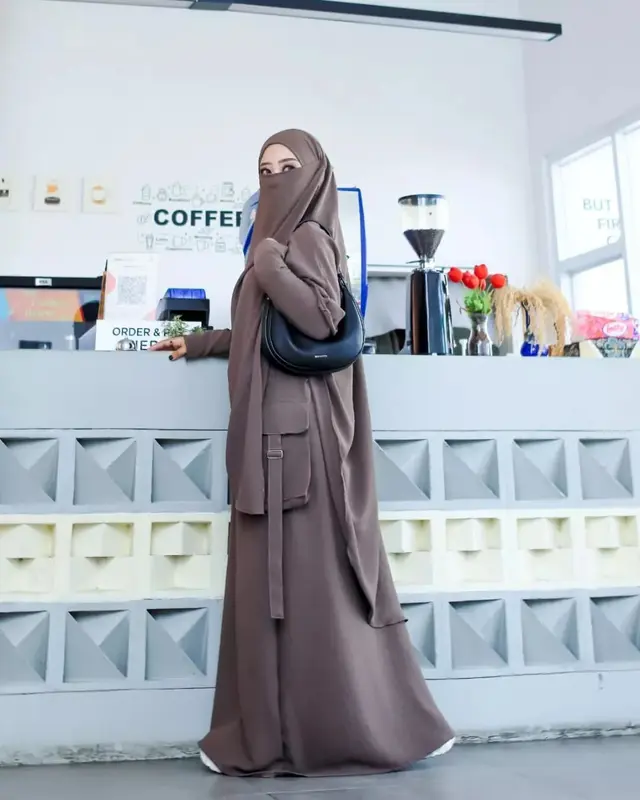 Abaya Cargo Syar'i Set French Khimar HITAM (FREE CADAR) / Gamis Abaya Crinkle Airflow  Size L XL XXL / Abaya Muslimah Terbaru 2025 / Abaya Syari Khimar Wanita 1