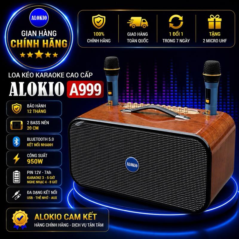 ALOKIO A999 Loa Kéo Xách Tay Cao Cấp Công Suất Lớn 900w Tặng Kèm 2 Míc UHF Pin…