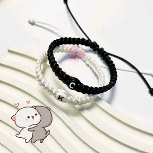 GELANG INISIAL RAJUT / GELANG RAJUT NAMA HITAM PUTIH / GELANG COUPLE ADJUSTABLE