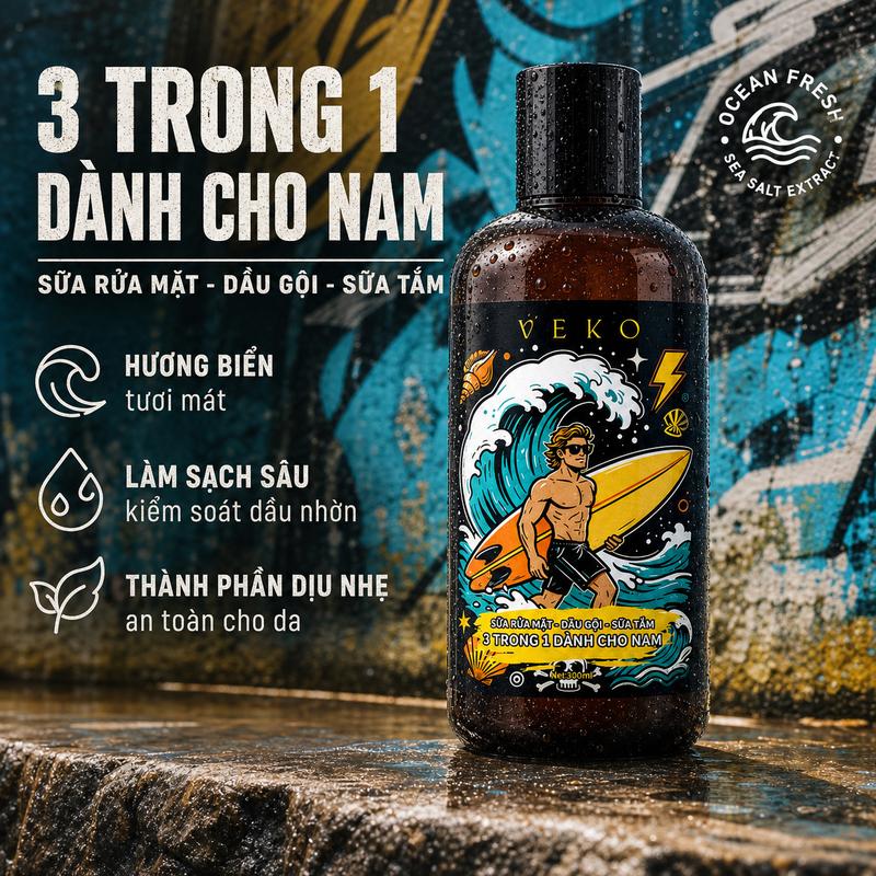 Dầu gội thơm VEKO 3 trong 1 dành cho nam: dầu gội + sữa tắm + sữa rửa mặt, cảm giác thoáng mát, kiểm soát dầu nhờn, làm sạch sâu, lưu hương lâu dài; dùng để gội đầu, tắm và rửa mặt, chuyên dụng cho việc kiểm soát dầu và làm sạch da của nam giới.