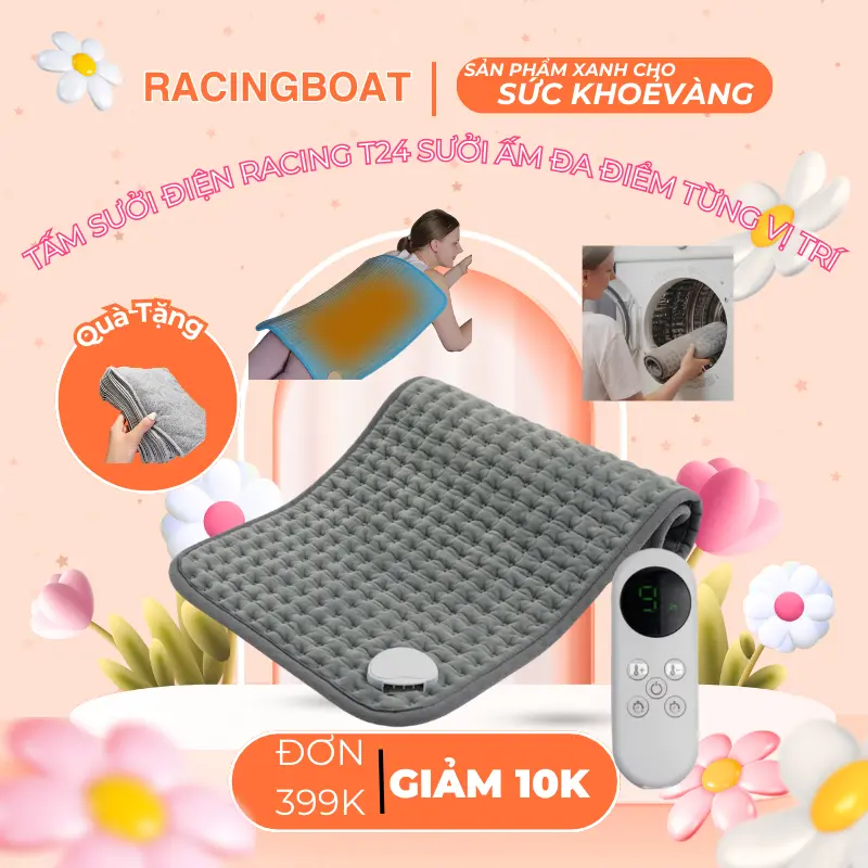 freeship-Tấm sưởi điện RACING T24 sưởi ấm đa điểm từng vị trí trên cơ thể, đệm sưởi điện vải nhung pha lê mềm mại