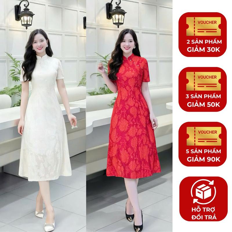  Đầm sườn xám nữ thiết kế Nhật Vy tay ngắn đính ngọc cách điệu chất tơ thêu hoa nổi có lót phù hợp đi chơi tết sang chảnh Dress - DA2933 Nhung Women 