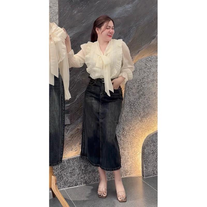  VAY668 MỚI BIGGSIZE Chân váy jeans nữ cạp cao không dãn  chân váy dáng dài nữ phối viền hai bên 