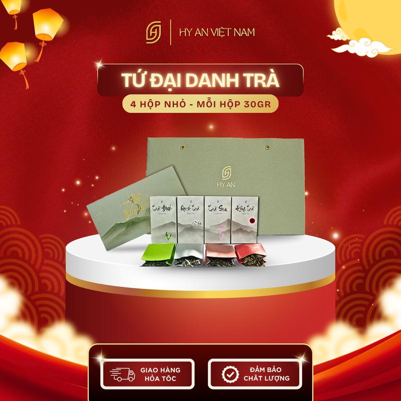 [1 Set 4 Hộp] Set Tứ Đại Danh Trà Việt Nam Hy An - Trà Đinh Thái Nguyên, Bạch Trà Shan Tuyết, Hồng Trà Shan Tuyết, Trà Ướp Gạo Sen Tây Hồ, Set Quà Biếu Tặng Trung Thu