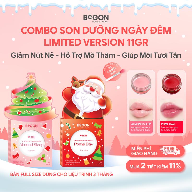 Ver. Noel Combo Son Dưỡng Ngày Đêm 2in1 Juicy Kiss Fullsize – Dưỡng Ẩm Làm Hồng & Giảm Thâm Môi | Combo Son Hạnh Nhân 11g + Son Lựu Đỏ 11g | Phiên Bản Giáng Sinh – BEGON
