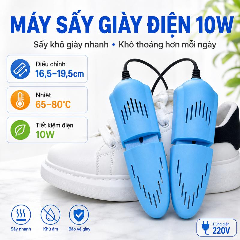 Máy Sấy Giày Điện 10W Điều Chỉnh Dài 16,5–19,5cm, Sấy Khô Giày 65–80°C Dùng Điện 220V