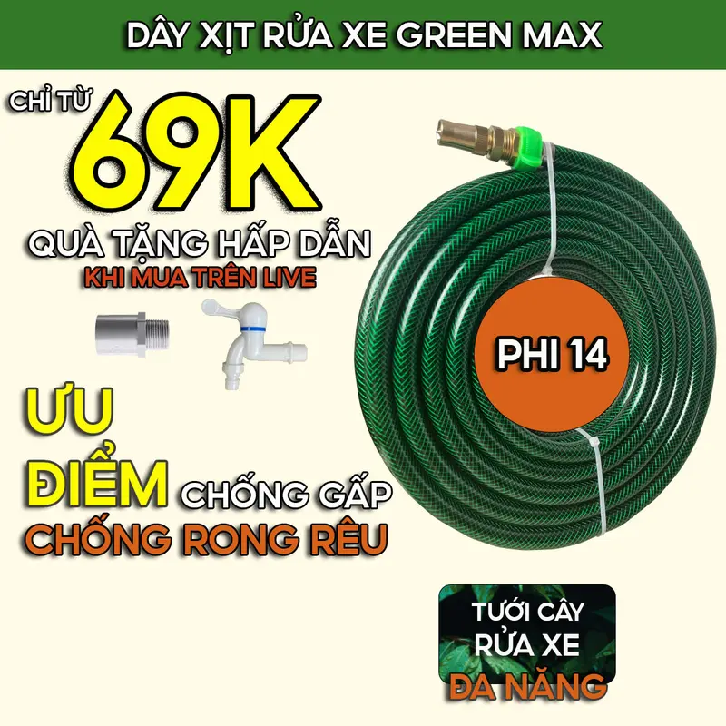 Bộ dây MÀU XANH (ỐNG NHỎ 14MM) 3M,5M,10M,15M,20M,30M xịt rửa xe , tưới cây , dây nhựa dẻo ( phi 14mm ) , đầu nước cấp gắn tán đồng thâu răng trong 21 , có gắn vòi xịt chất liệu đồng thâu 0