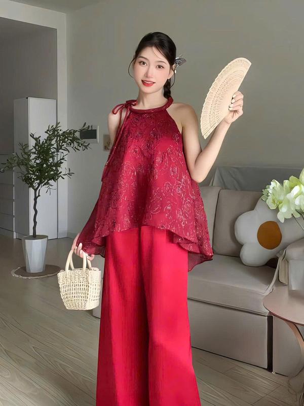 BIGSIZE HIẾU HIẾU 55-95KG - Set bộ thời trang truyền thống đỏ Áo cổ yếm babydoll + Quần lụa suông dáng dài S681