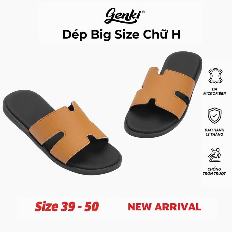 GENKI Dép Nam Big Size Chữ H Màu Vàng Bò Quai Ngang Da Cao Cấp Đế Bằng Cao Su Size 39-50 Chất Liệu Microfiber Bảo Hành 12 Tháng