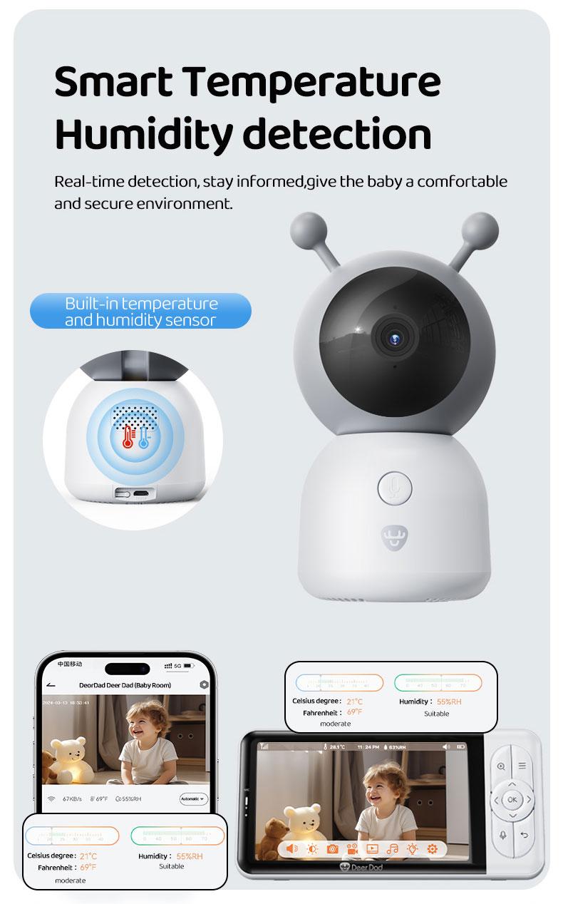 Product Introduction of Deer Dad  Baby Monitor Camera Cute Styling 1080p Resolution High-definition Night Vision Five-inch Large Screen Voice Call Colorful Night Lights 12