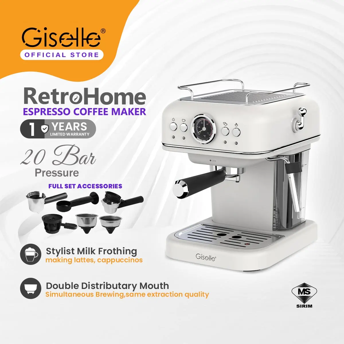 20 Bar Giselle Espresso Automatic Retro Series Coffee Machine with Milk Frothing - Full Set with Dolce Gusto (950W) KEA0339FS