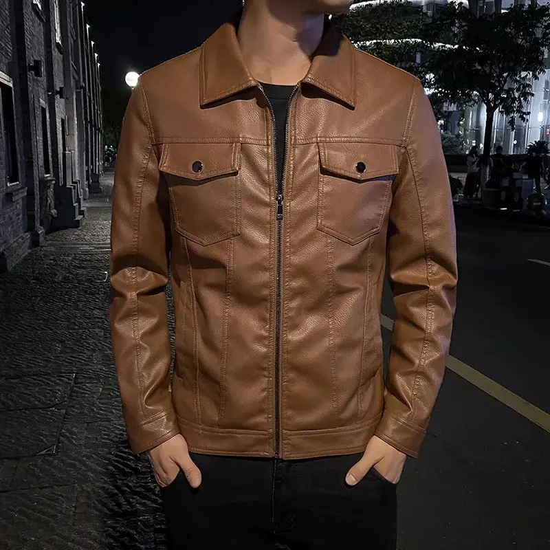 QnX - Jaket Kulit Pria Casual Autumn And Winter Men's Jacket Casual Leather Jacket Black Motorcycle 3