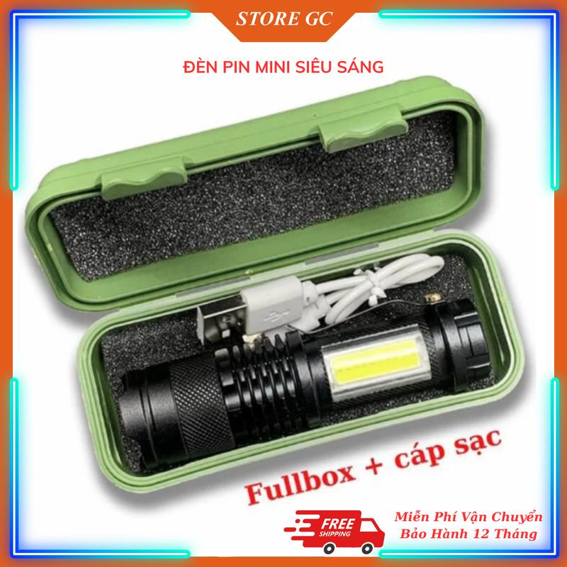 Đèn Pin Mini Siêu Sáng Cao Cấp, Có Zoom, 3 Chế Độ Sáng, Có Đèn COB Bên Hông, Kèm Dây Sạc Chân USB