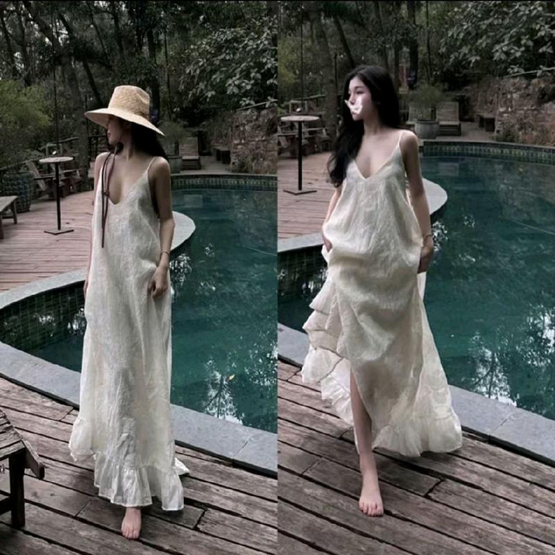 Váy ren thêu hoa 2 dây maxi đi biển đi du lịch sang chảnh dành cho nữ kem top