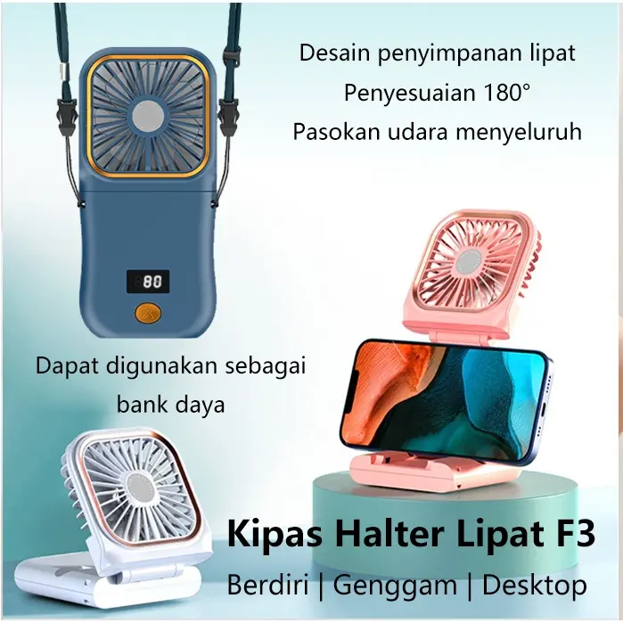 Kipas Angin Portable Mini LED display Model Gantung Leher Plus Powerbank / Kipas Mini / Kipas Angin Portable Mini USB Lipat Dudukan Ponsel Dan Powerbank 4000mAh Baterai Tahan Lama Cocok Untuk Kantor Sekolah Olahraga Luar Ruangan / Kipas Angin USB 1