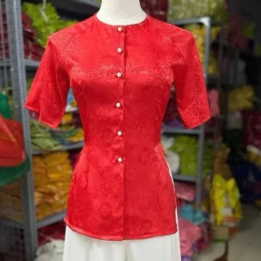 Bộ bà ba truyền thống gấm hoa cúc, form chuẩn, tôn dáng tôn da đồ lam nữ