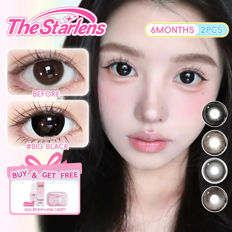 Kính áp tròng, Starlens, 2 cái, DIA14,5mm, màu đen, mềm mại và to, được sử dụng trong 6 tháng, với các cấp độ từ 0 đến 8