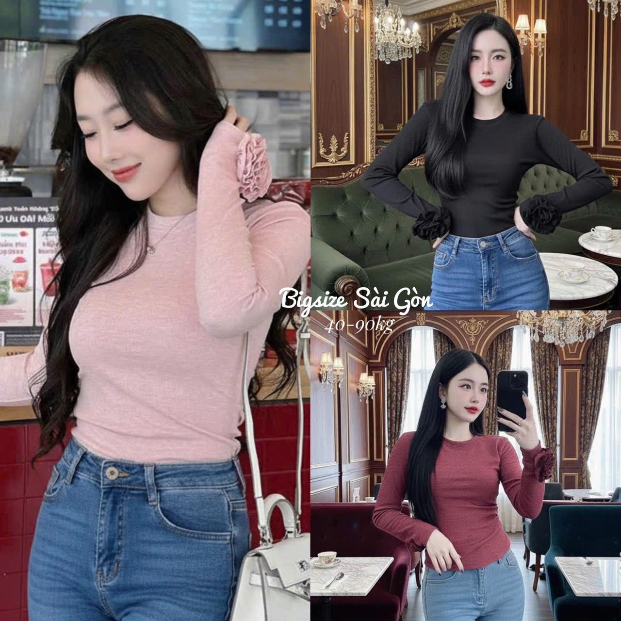 Bigsize Sài Gòn Áo Thun Nữ Tay Dài Phối Hoa Vải Rip Đốm Cao Cấp Thanh Lịch Bigsize 45–90kg Dễ Thương Nữ Women Top Nhung - B.1683