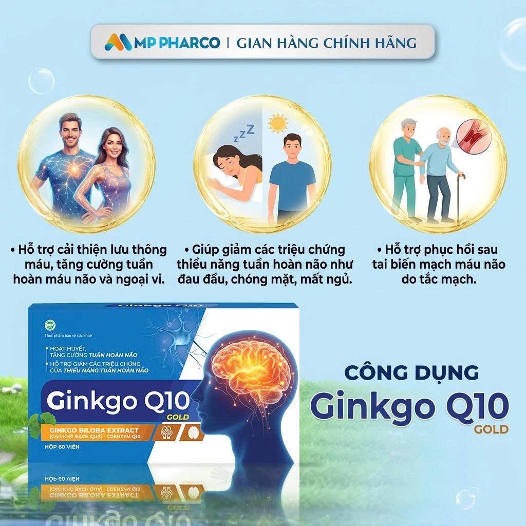 MP17b Combo 2 hộp- Viên Bổ Não TPBVSK GINKGO Q10 GOLD Hỗ Trợ Hoạt Huyết Tăng Cường Tuần Hoàn Máu Não Cho Người Bị Thiếu Máu Lên Não Hoa Mắt Chóng Mặt Đau Đầu Mất Ngủ Giảm Trí Nhớ, Hộp 60 viên