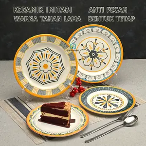 TOPTREE Piring Makan Motif Melamin Asli  8/9 Inch Tebal Anti Pecah Tahan Panas Dangkal Kitchenware Keramik Alat Plastik