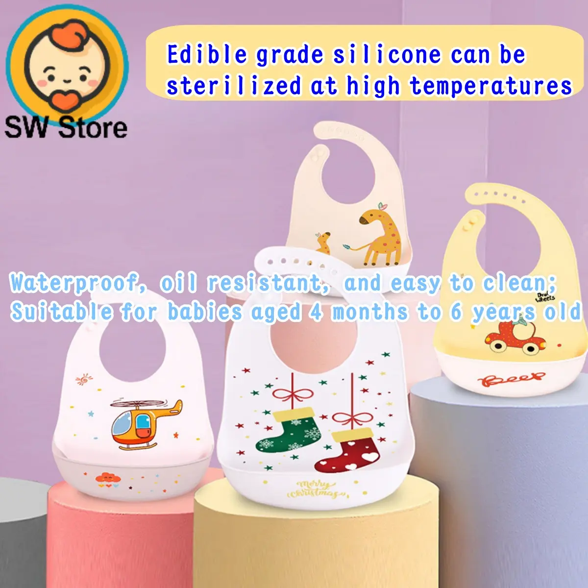SW Kids Food grade baby complementary food rice bag silicone bib products children's waterproof baby products saliva towel two color printed pattern SW503