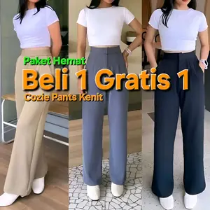 Cozie Pants MOUDIE | Buy 1 Get 1 Cozie Pants | Highwaist Cullote Pants - Rib Knit Pants - Celana Kulot Wanita - Petite Friendly - Celana Anti Kusut Kantor Panjang Casual Formal Loose Karet Basic Slim elegan